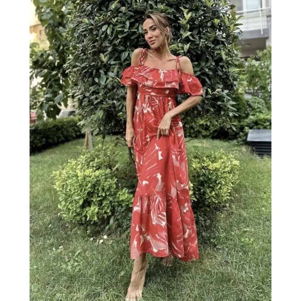 NWT Zara Blogger Fave Maxi Dress Red Ruffle Off Shoulder Summer Wedding Size XS